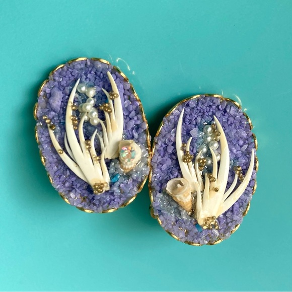 80s Vintage Purple Shell Earrings Mermaidcore Tiny Seed Pearls Shell Clip-Ons - Picture 5 of 11